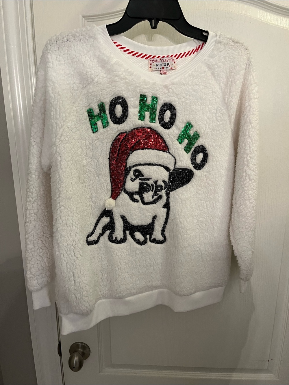 Poof! White Sherpa Crewneck Sweater with Pug and Red/Green Glitter